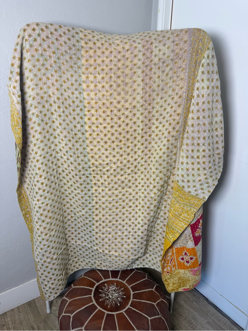 Light Yellow Block Print Kantha Throw